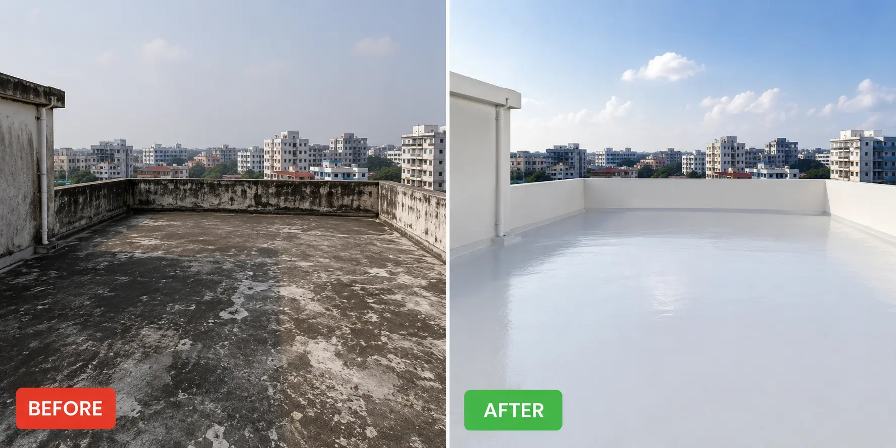 Roof heat proofing thermal insulation before and after — Bashundhara top floor