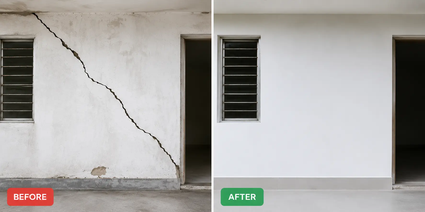 Wall crack repair before and after — Mirpur apartment